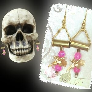 Vtg brass 22 bullet casings real rattlesnake vertebrae earrings handmade NWT